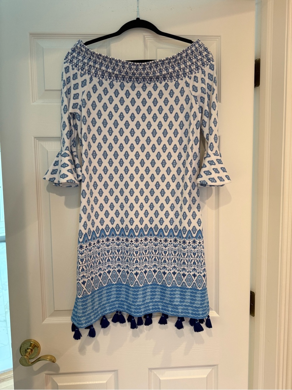 Blue and White Off-Shoulder Tassel Hem Dress